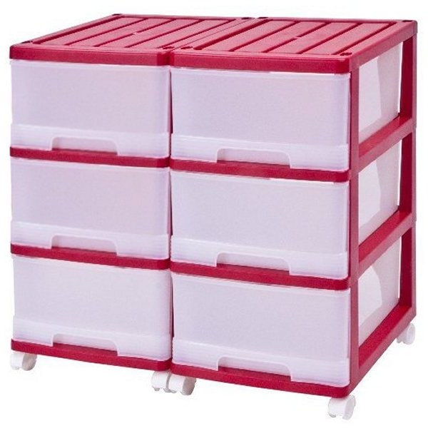 収納ケース プラスチック 引き出し 深型３段 ２個組 おしゃれ レッド キャスター付き