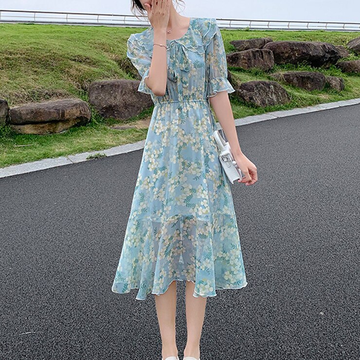レディース ワンピース ワンピ シフォン 花柄 フェアリー ガーリ フレア Aライン 半袖 5分袖