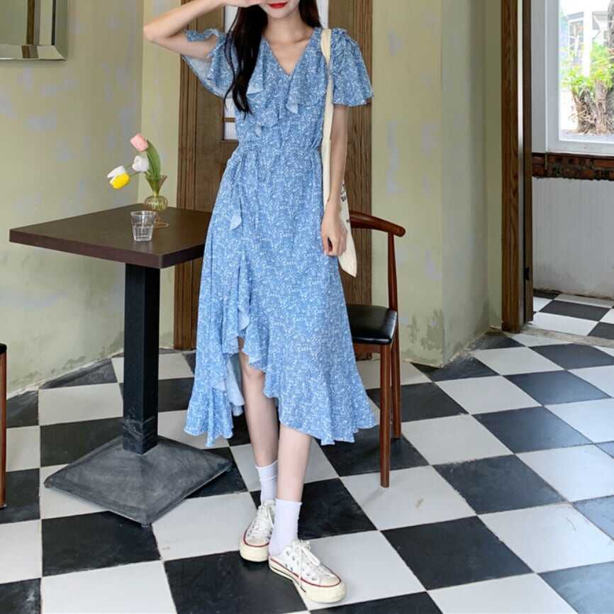 ワンピース 上着 人気 おすすめ おしゃれ お洒落 激安 安い プチプラ 半袖 Vネック ウエスト 柄 ふんわり ロングスカート フリル プリント ドット ポリエステル 可愛い かわいい l