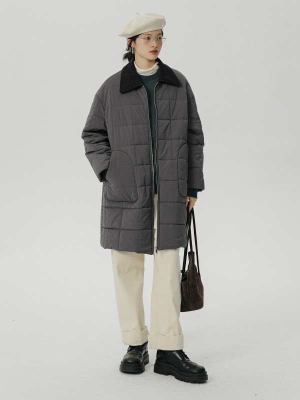 オモントエッグタルトホームチェック柄キルティングコットンジャケットレディース2023年冬新作ブレッドジャケットミディアムロングコットンジャケット厚手コート