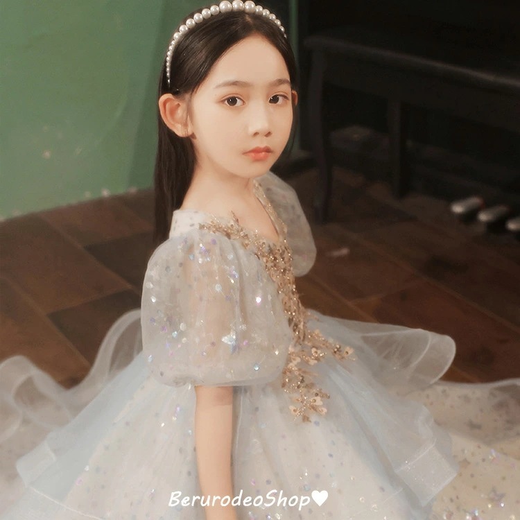 子供ドレス ピアノ発表会ドレス ブルー スパンコール 星柄 キレイめ ロングドレス 女児ドレス パフスリーブ 可愛い 女の子ドレス シャンパン色 演奏会ドレス フォーマル キッズドレス 100 110