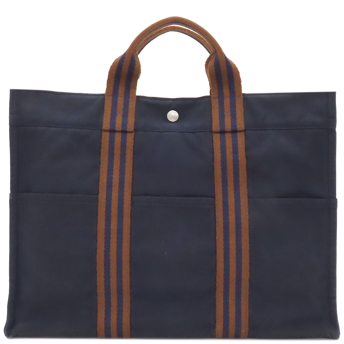エルメス HERMES トートバッグ フールトゥMM キャンバス ネイビー×ブラウン シルバー金具 紺 茶 【中古】トートバッグ