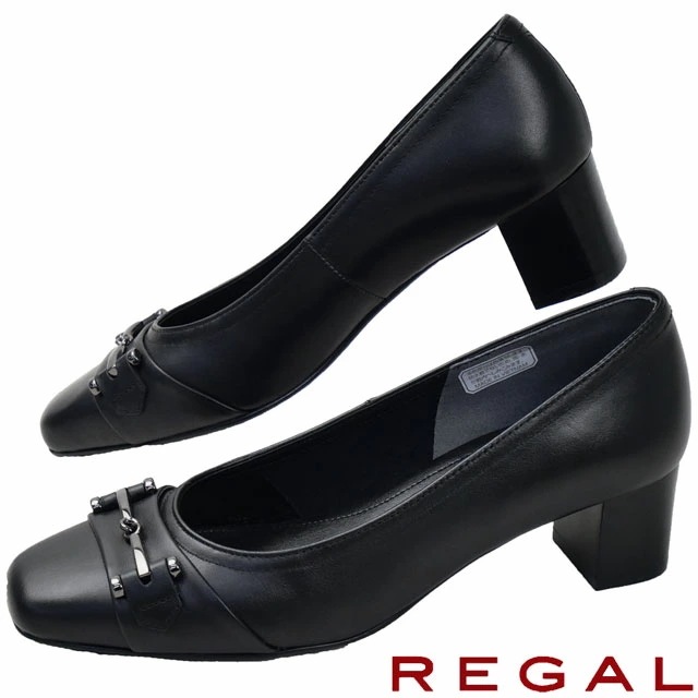 リーガル レディース ビットパンプス スクエアトゥ オフィスカジュアル パンプス 太めヒール カラーパンプス 美錠 F65Q ブラック 本革 靴