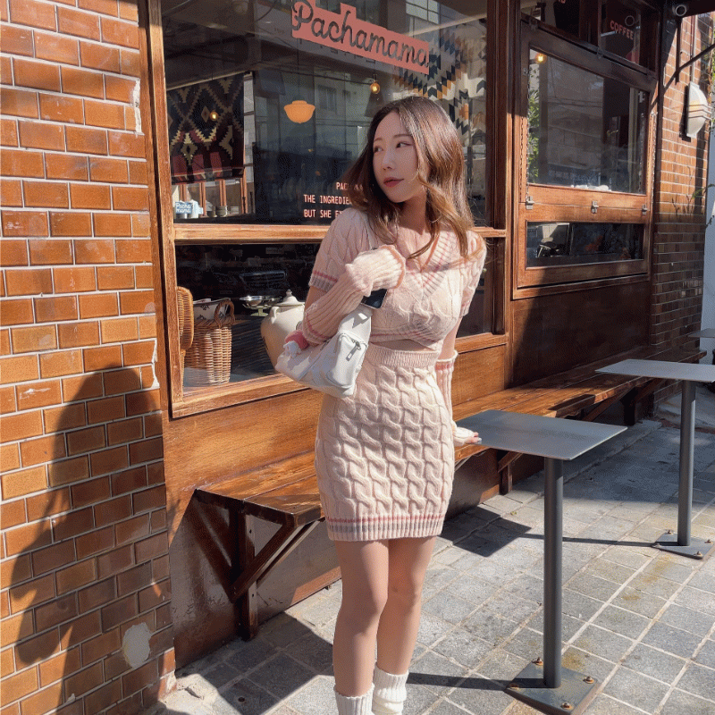 韓国スタイル ピュア ウォーマー ピンク ニット ワンピース