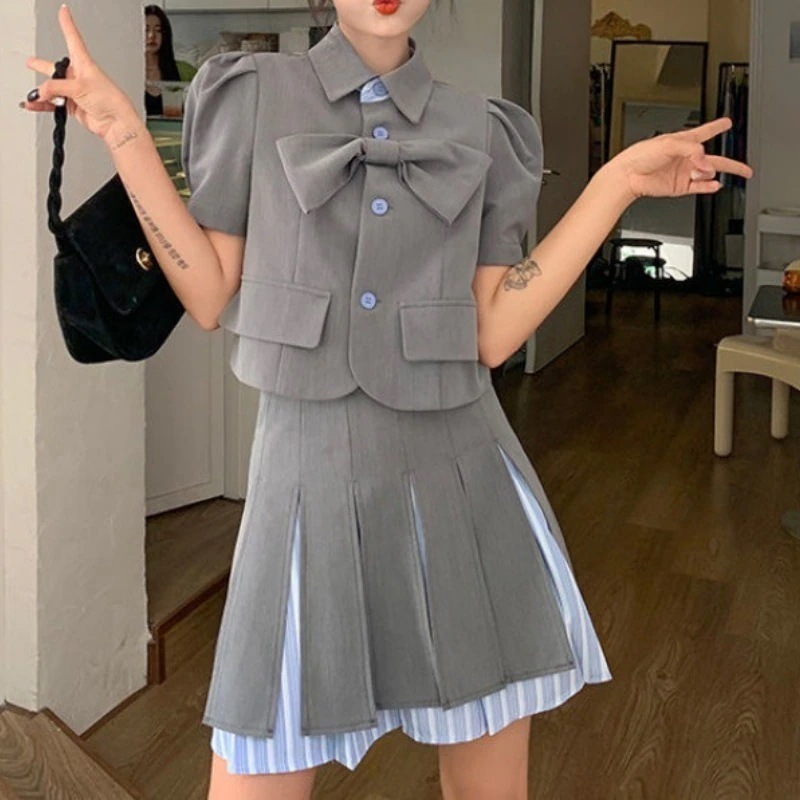 セットアップ レディース 夏 JK制服2024韓国ファッション JK制服 大学スタイル ネイビーカラー セーラー服 キャリアワイシャツ+プリーツスカート