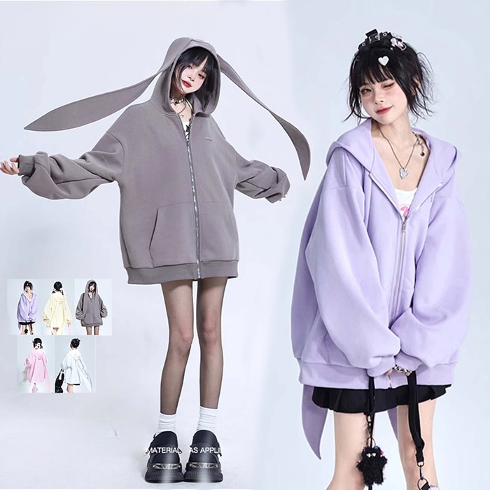 パーカー うさぎ 大きいサイズ ロングうさ耳 うさみみパーカー 兎耳パーカー かわいい ジャケット レディース ドロップショルダー トップス フード付き 長袖 ジップアップパーカー ゆったり キュート 4,879円