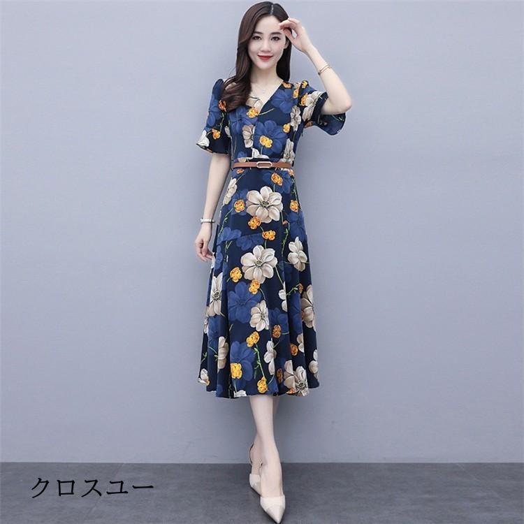 ワンピース レディース ロングワンピース シフォンワンピース Aライン 花柄 シフォン 着痩せ おしゃれ ミモレ丈 半袖 大きいサイズ 夏 おしゃれ 通勤 30代 40代
