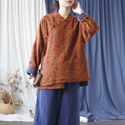 オリジナル　秋　作　二重綿　プリントトップス　旧レトロ　スタンドカラー　コート