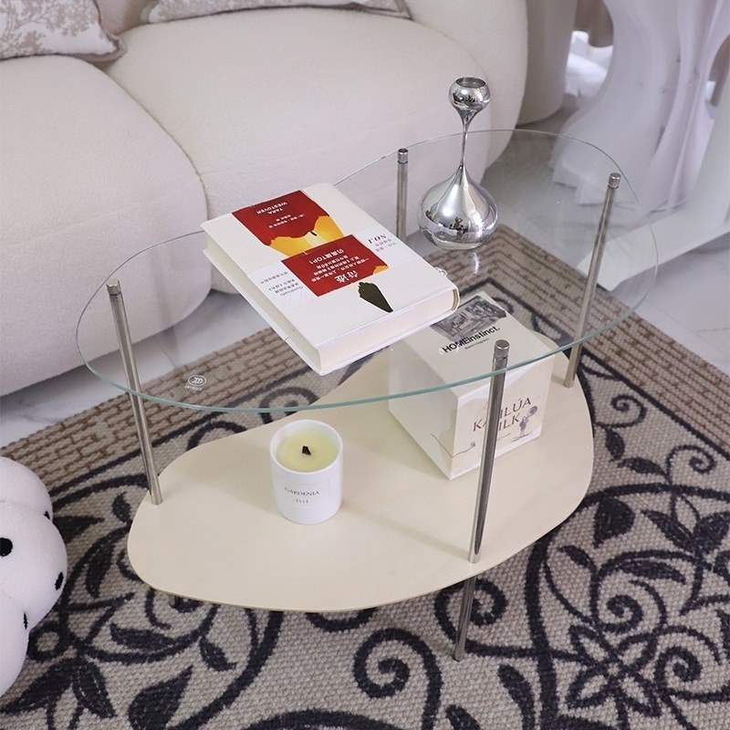 サイドテーブル コーヒーテーブル ビーンズ型 クリア 2段ラック テーブル おしゃれ モダン シンプル 高級感 透明 インテリア 韓国風