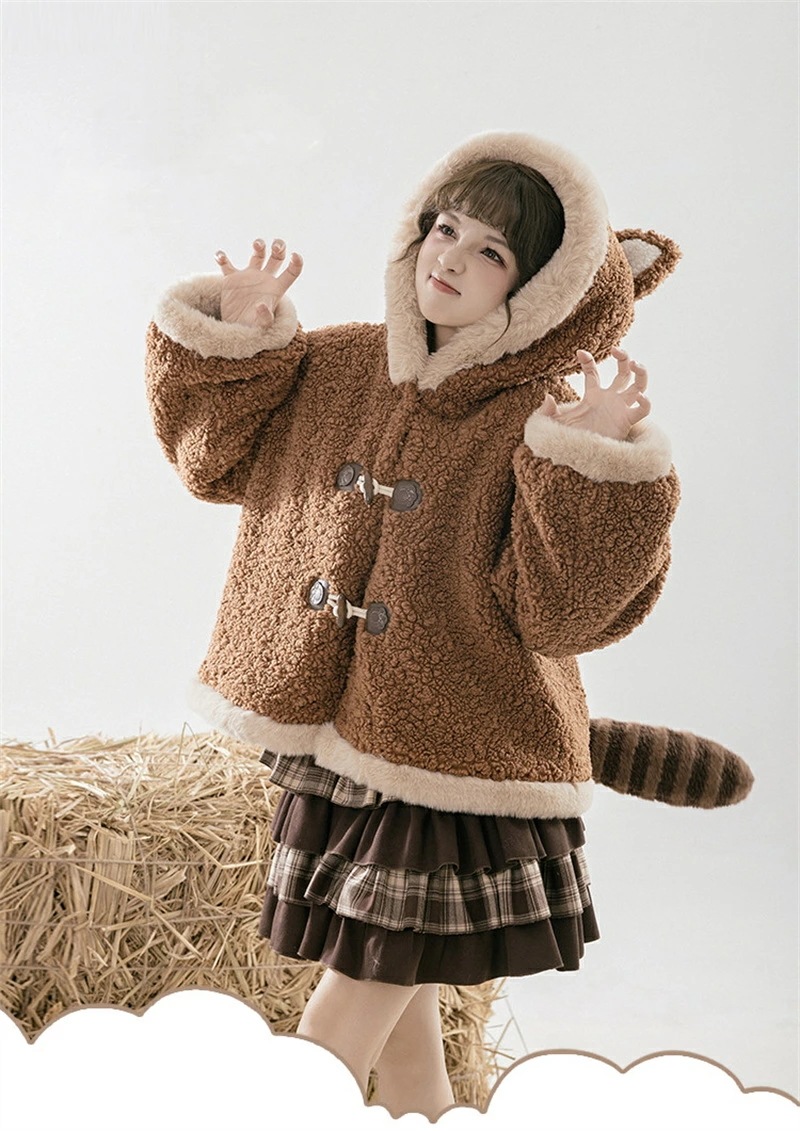 女の子 冬 防寒ジャケット 厚手 コート アウター モコモコショート丈ボア生地コートオーバーコートポリエステル秋ロリータしっぽ お尾 かわいいくま耳 クマ耳