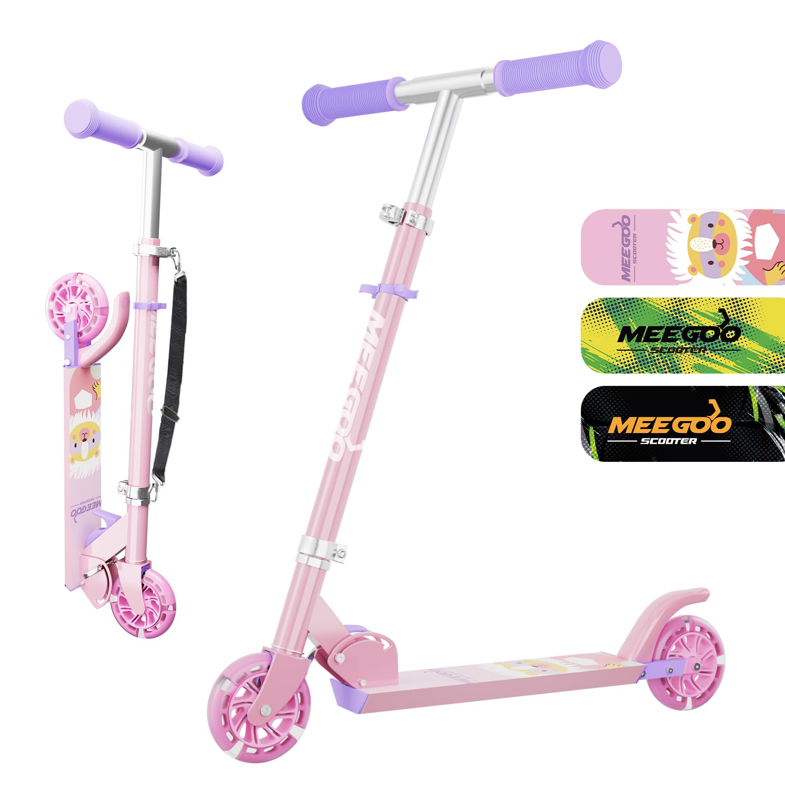 MEE GOO ピンク アルミキックスクーター キッズスクーター ライトアップ ABEC-7 LEDホイール&ステム&デッキ付き 3段階調節ハンドルバー 女の子/男の子用 軽量プッシュキックスクーター