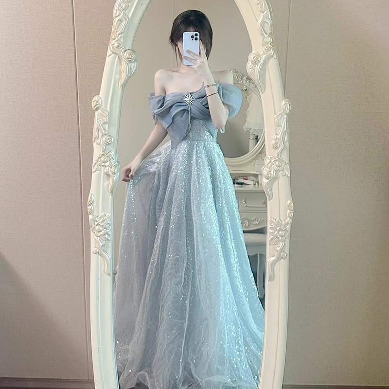 ワンショルダーイブニングドレス女性宴会気質ホスト美術試験成人式ドレスチュチュスカート