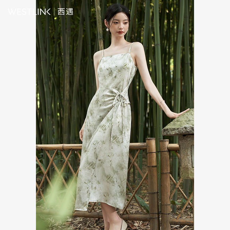 国風サテンホルターホルタープリントドレスウエストヒッチングピースドレス