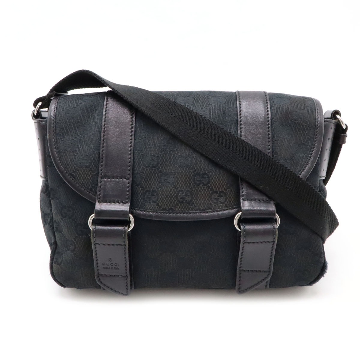 GGキャンバス ショルダーバッグ メッセンジャーバッグ 斜め掛け パンチング レザー ブラック 黒 シルバー金具 145858
