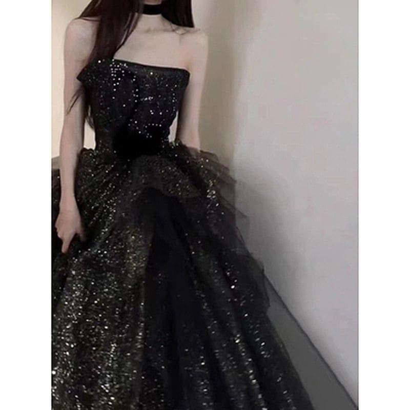 ブラックイブニングドレス成人式宴会芸術試験ホストブフォレストドレス