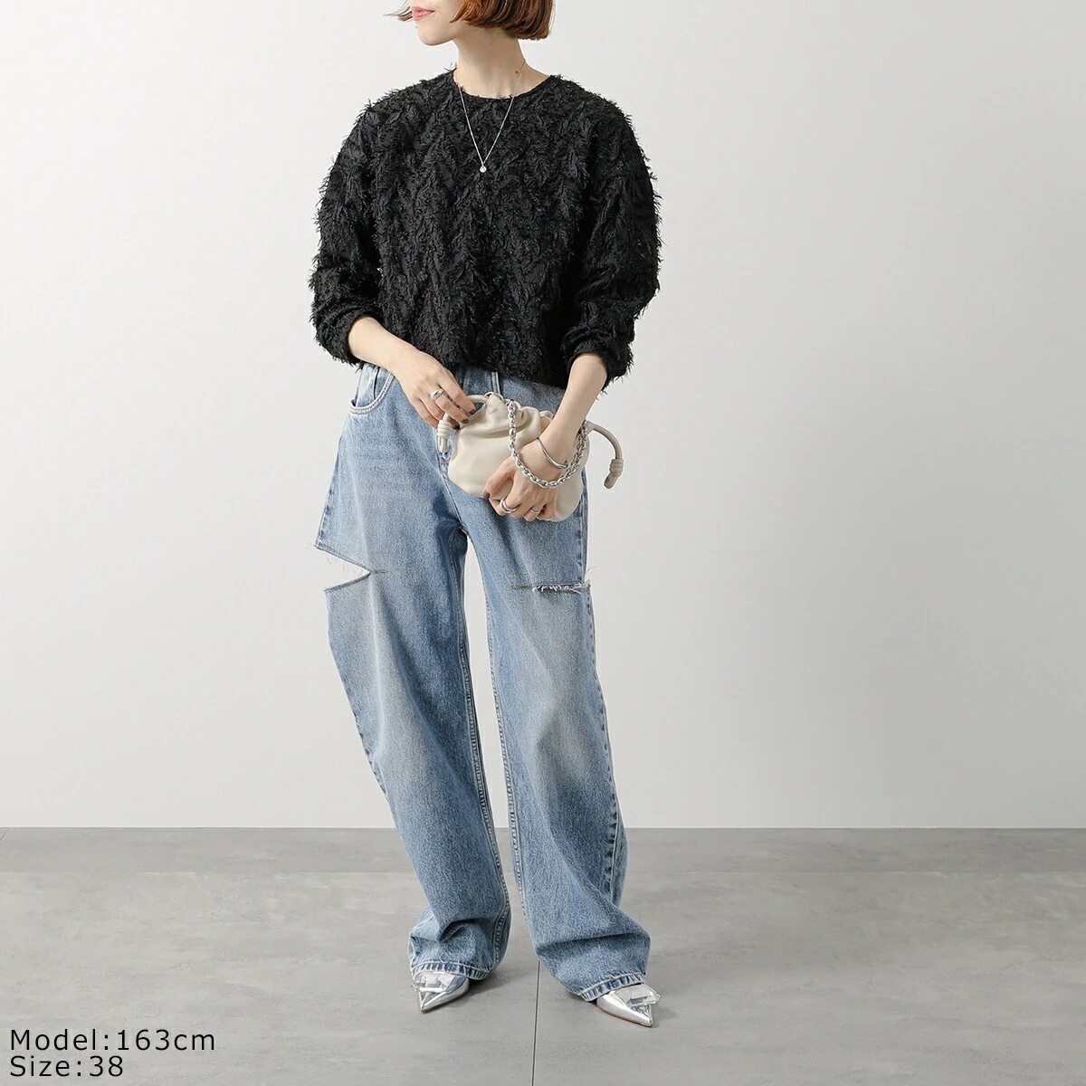 PASSIONE パシオーネ ブラウス 546936 レディース 長袖 フリンジ ジャガード クロップド丈 クルーネック プルオーバー 99