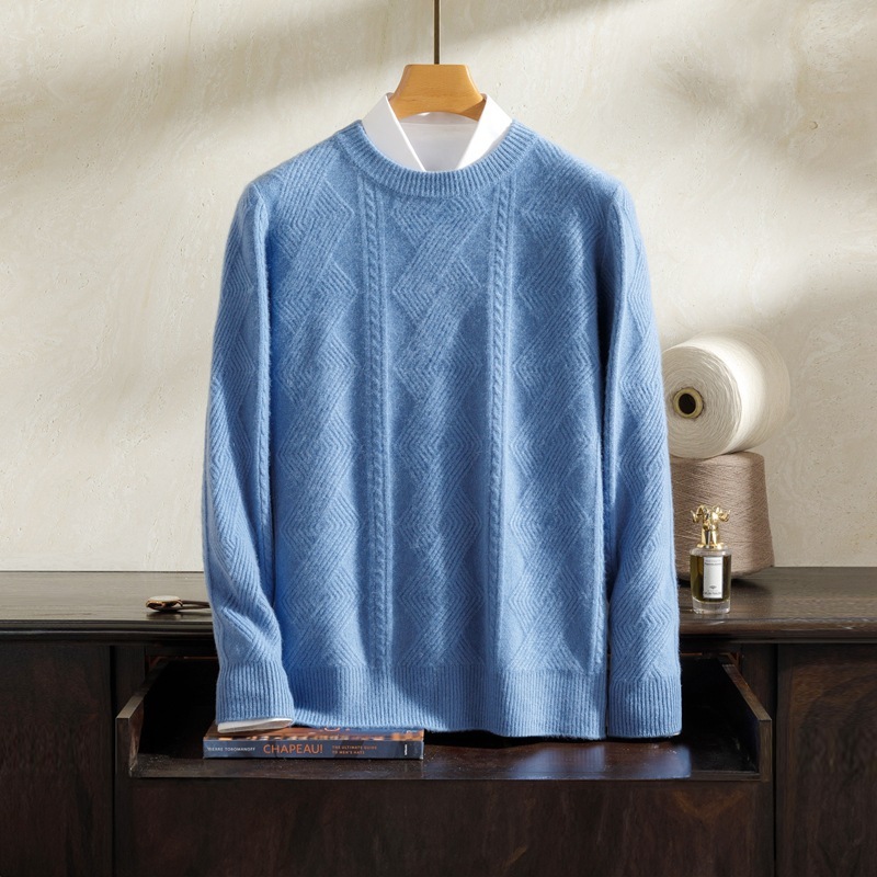 七針の厚い席編みジャカードデザイン100純カシミヤ男性プルオーバー秋冬丸襟セーター