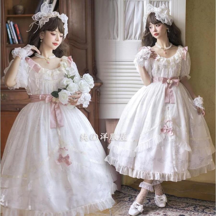 ロリータ ワンピース ゴスロリ ロリータ ドレス パフスリーブ ロング ミモレ丈 お姫様 ロリータ服 大人 可愛い 萌え萌え 甘ロリータ プリンセス LOLITA レース30%までに制限