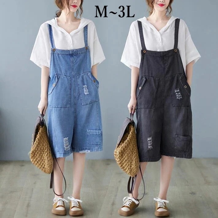 サロペット ダメージ　サルエルパンツ　オーバーオール オールインワン デニム　ゆったり パンツ ボトムス　5分丈　ワイド　大きいサイズ 春 夏　 M L　2L 3L今日は30パーセント