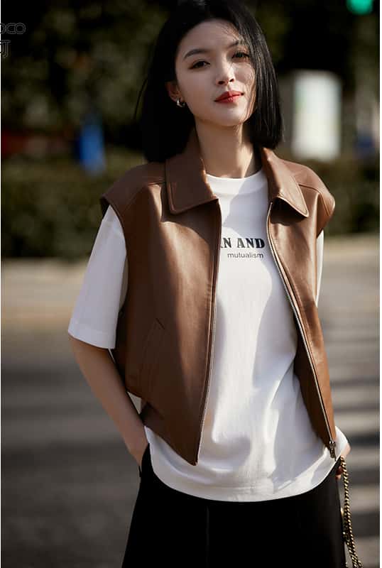 お早めに！【2025新作】レディース フェイクレザーベスト ノースリーブ オーバーサイズ カジュアル 春秋向け 合成皮革 高級感 羊革裏地 ファスナー付きジャケット 【X&W】