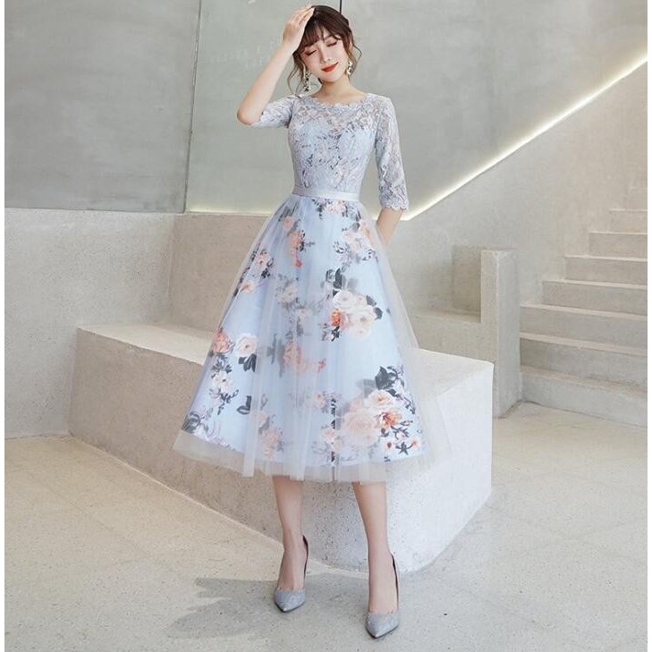 パーティードレス ワンピース ミモレ丈 花柄 刺繍 エンパイアライン 五分袖 上品 結婚式