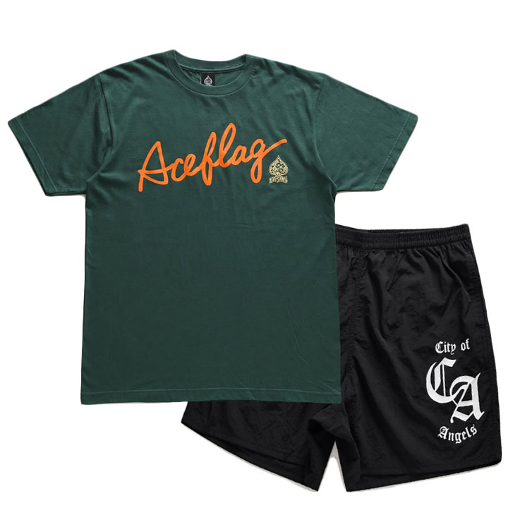ACE FLAG 上下セット 半袖 ブランド Tシャツ ハーフパンツ 上下 メンズ 春夏用 深緑 ゆったり 大きいサイズ エースフラッグ セットアップ ビッグシルエット
