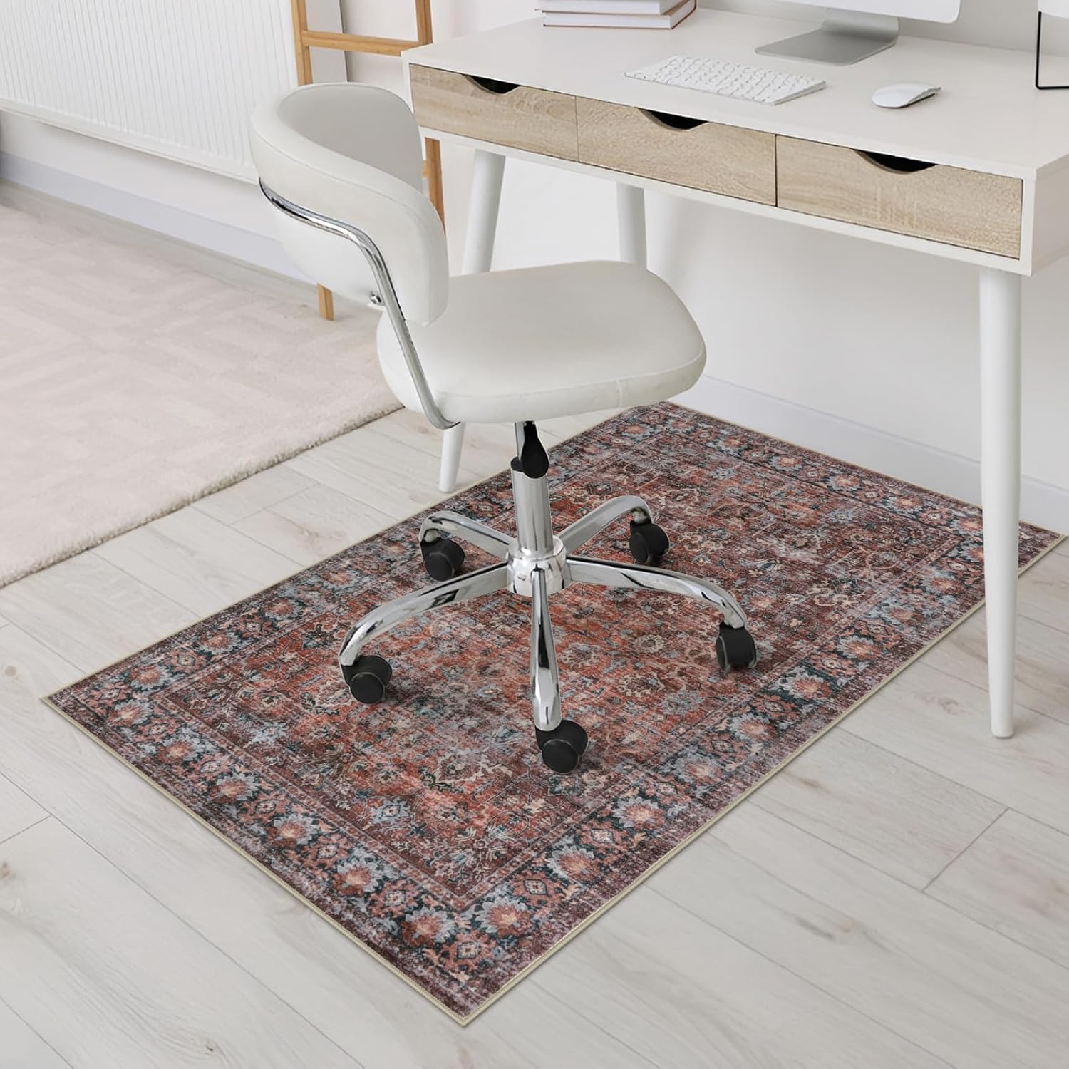 洗える滑り止め防ダニ防臭防音マット 70×120cm ペルシャ風花柄レッド オールシーズン室内用