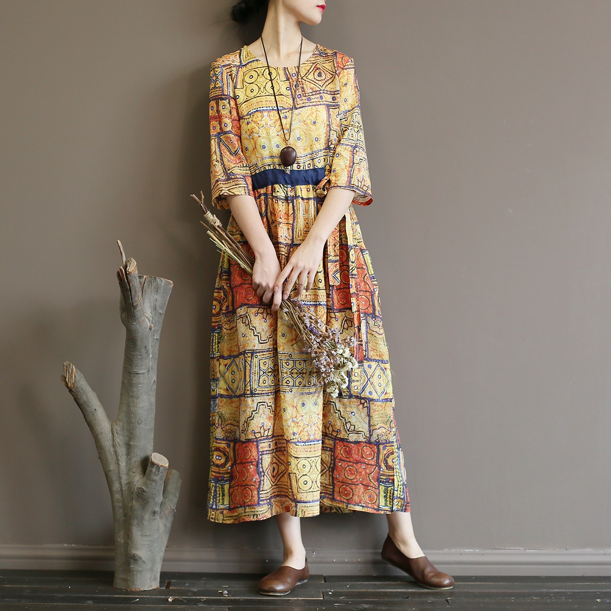 1862メーカー販売ラミー麻デジタルプリントレトロ腰ゆるいワンピース旅行女装ロングスカート