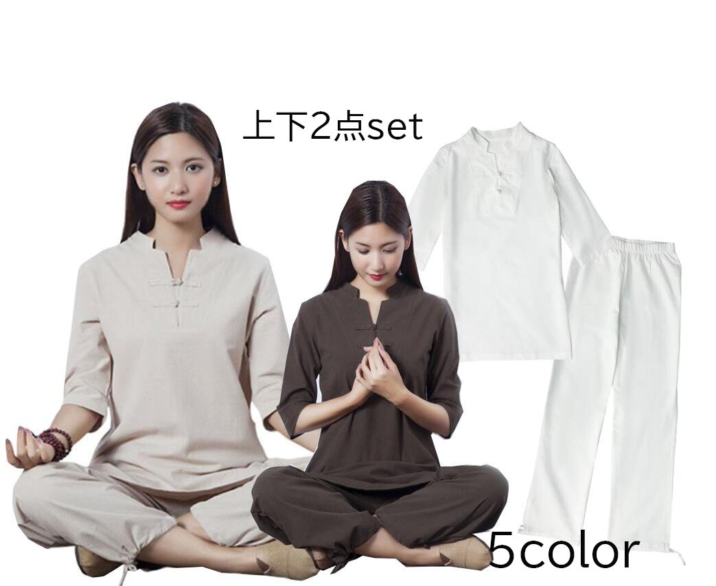 5色7分袖 長袖レディース太極拳服 綿麻上下セットアップチャイナ風ジョッキング女性用 表演服 カンフー綿麻 ルームウェアヨガ練習着春秋夏 練習服