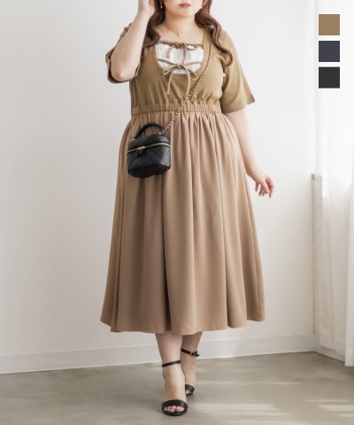 大きいサイズ レディース LL 3L 4L XL XXL XXXL CLETTEオリジナルダブルリボンドッキングワンピース