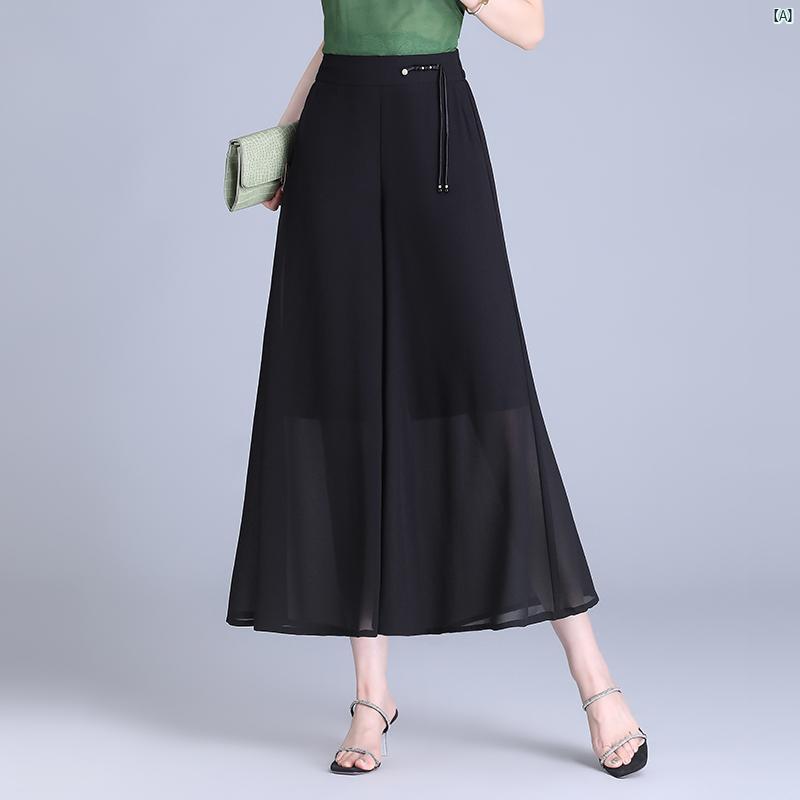 中華風 キュロット 八分丈 シフォン パンツ レディース 夏 薄手 ワイド レッグ カジュアル ビッグフット