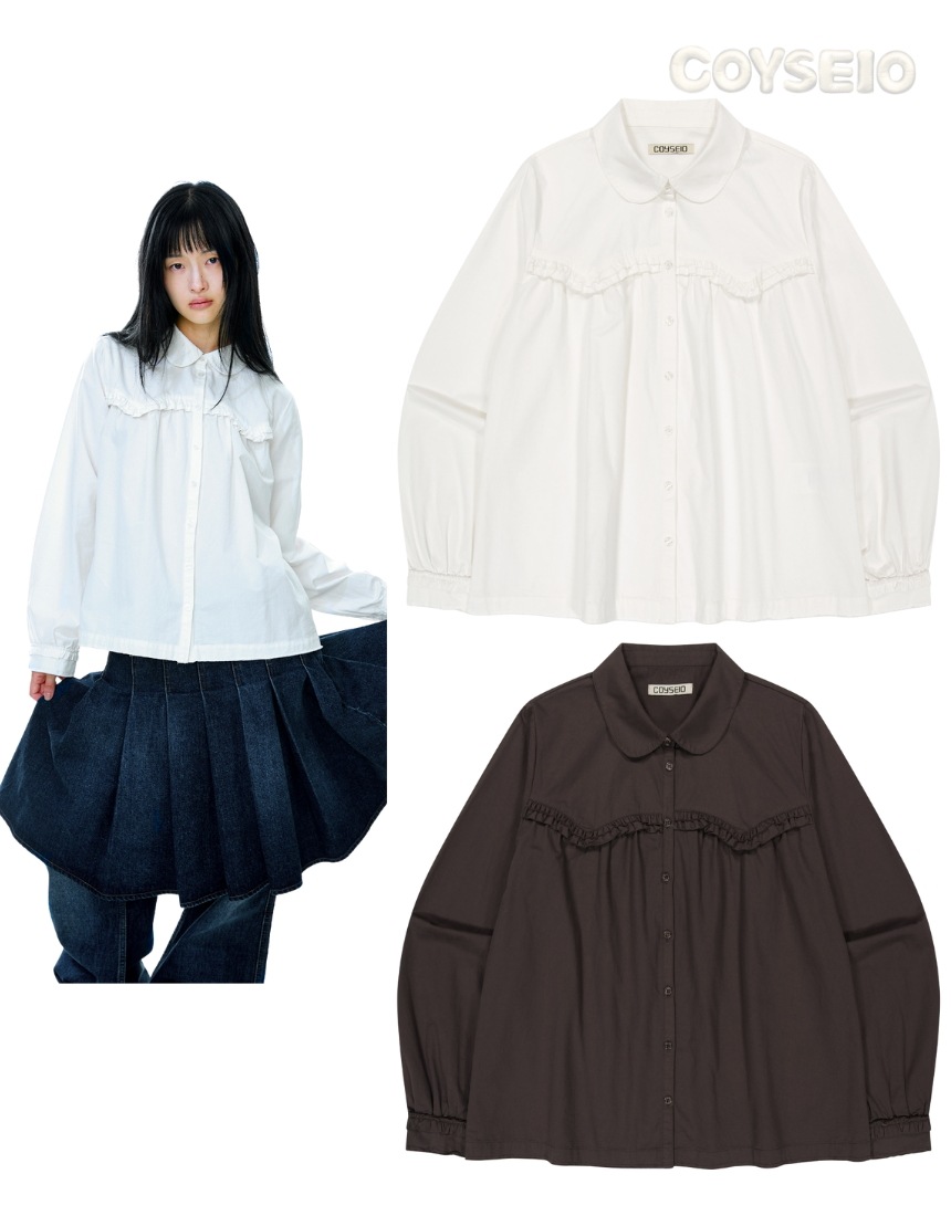 韓国限定 韓国人気 SNS 流行 ファッション トレンド 上着 シャツ ブラウス ROUGH CUT FRILL SHIRT (2カラー)