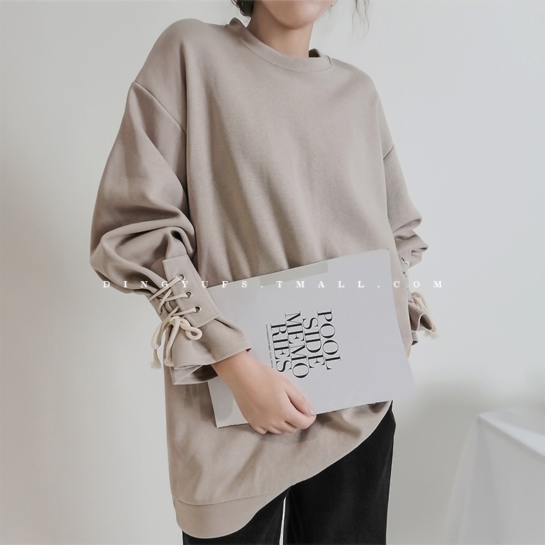 袖リボン プルオーバーセーター トップス オーバーサイズ レディース 長袖 セーター カットソー スウェット ラウンドネック ミドル丈 カジュアル ママコーデ お仕事コーデ a4584