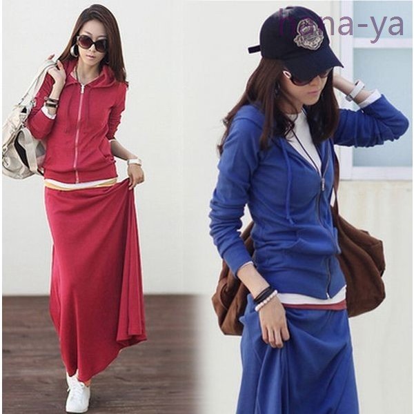 2点セットパーカーロングスカート上下セットスウェットフード付きカジュアルジップアップ