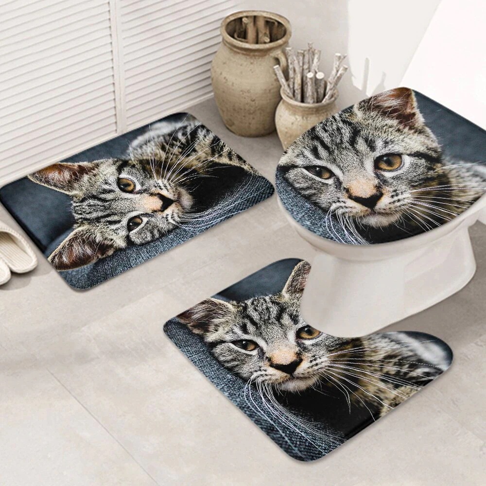 3ピースバスラグセット 愛らしい-動物-猫-猫-pet お手入れが簡単 ノンスリップ 耐久性