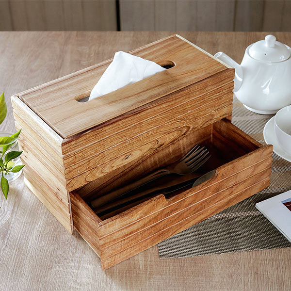 ティッシュケース 木製 2段 収納 おしゃれ ティッシュボックス ティッシュカバー 天然木 小物入れ 引き出し 小物収納 ふた付き 北欧 木目 リビング ダイニング カトラリー