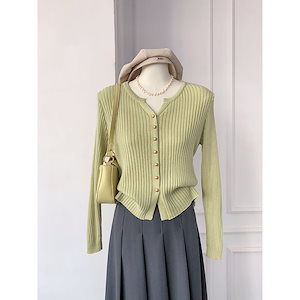 【1点ご購入 で10点プレゼントいたします】韓系気品Vネックピュアカラーニットカーディガン秋のおしゃれで痩せ見え長袖ショート丈ブラウス