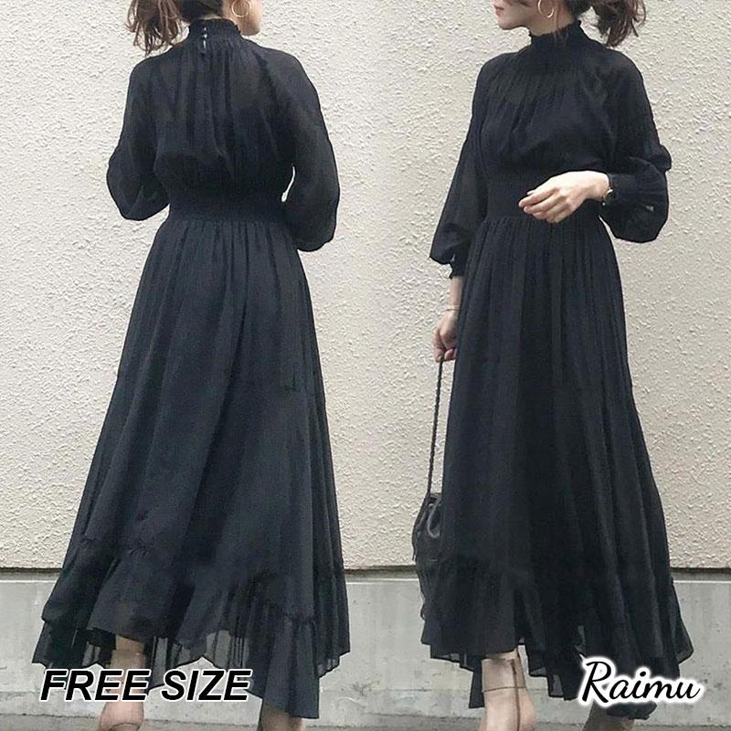 ロングワンピース ワンピース レディース 春春冬 40代 キレイめ マキシ丈ワンピース 春 長袖 黒ワンピース シフォン 結婚式ドレス オシャレ 上品 着痩せraimu
