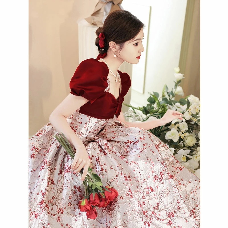結婚式ドレス 二次会ドレス ワイン赤 プリント花柄 オシャレ ゲストドレス ロングドレス ワインレッド サテン イブニングドレス パーティードレス パフスリーブ 可愛い Aライン S M L XL X