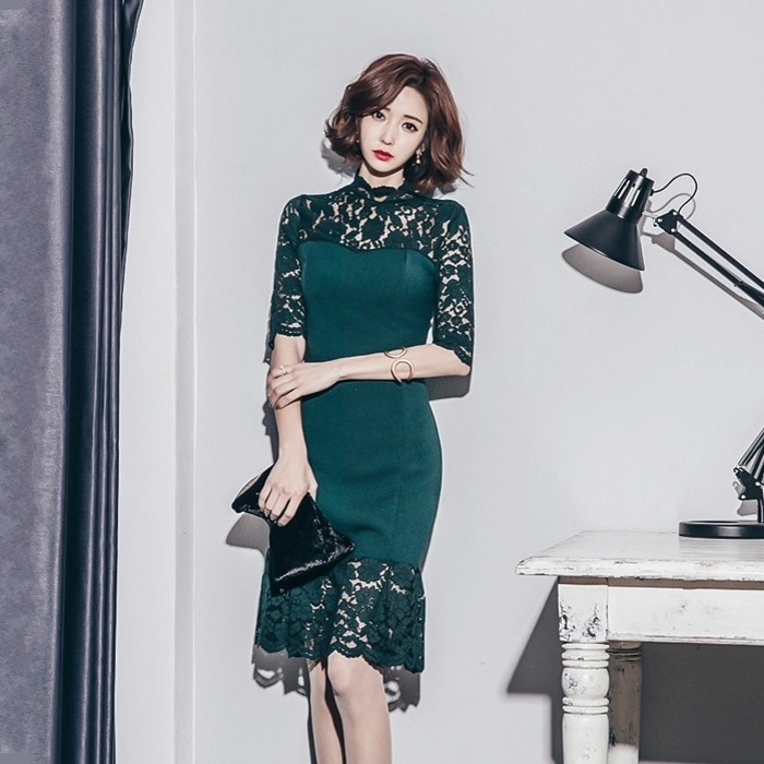 1933.ハイネックマーメイドタイトドレス 2019 春夏 sale ワンピース 七分丈 レース エレガント お呼ばれ パーティー 結婚式 披露宴 女子会 レストラン デート