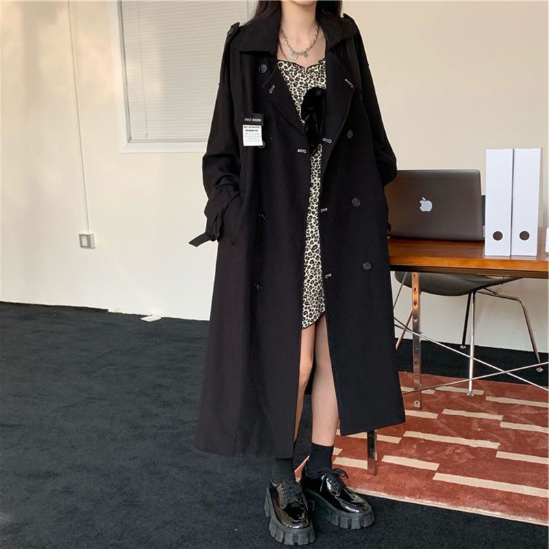 2025 今年の人気のミドル丈の黒のイギリスのウインドブレーカーコート女性春と秋のインターネット有名人の小さな学生コート