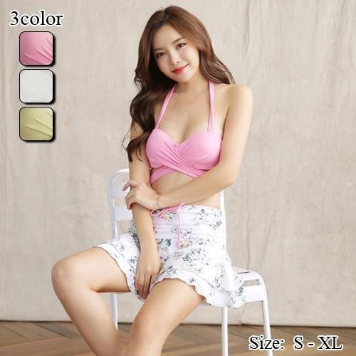 【グラシア】 水着 ビキニ レディース ビーチウェア スイムウェア 流行 海 プール キュート クロス ティアードスカート ティアード フレア 花柄 ピンク ホワイト イエロー S M L ビキニ