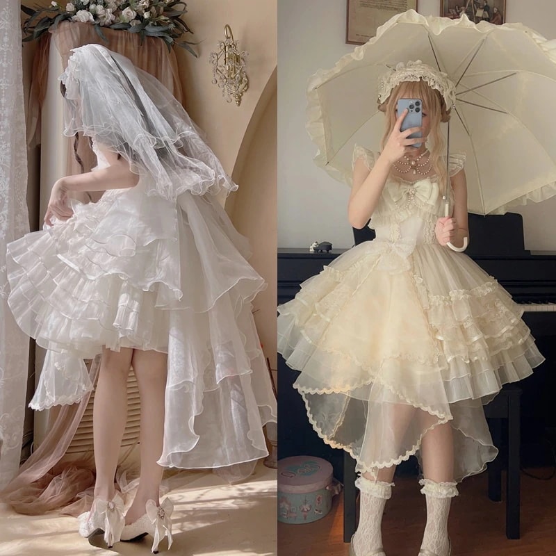 T トレーン付き コスプレ 袖なし ロリータドレス リボン キャミワンピース チュール 【品番：月影星河夢】お姫様 花嫁風 ドールスカート 福袋