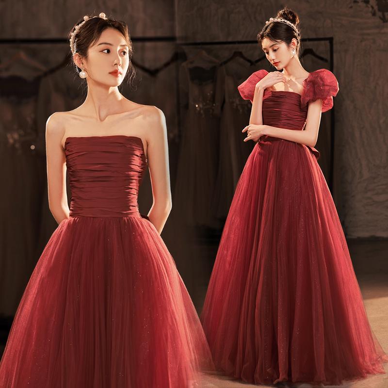 カラードレス 2way 付け袖 レッド 編み上げ パーティードレス ロングドレス 結婚式 二次会 発表会 演奏会 ウェディングドレス ウエディングドレス Aラインドレス イブニングドレス コンサート