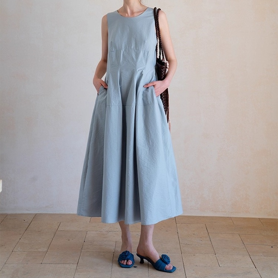 ワンピース ドレス ノースリーブワンピース Aラインワンピース ロングワンピース ノースリーブワンピドレス ラウンドネック ノースリーブ ロング丈 フレア ウエストリボン 無地 レディース かわいい