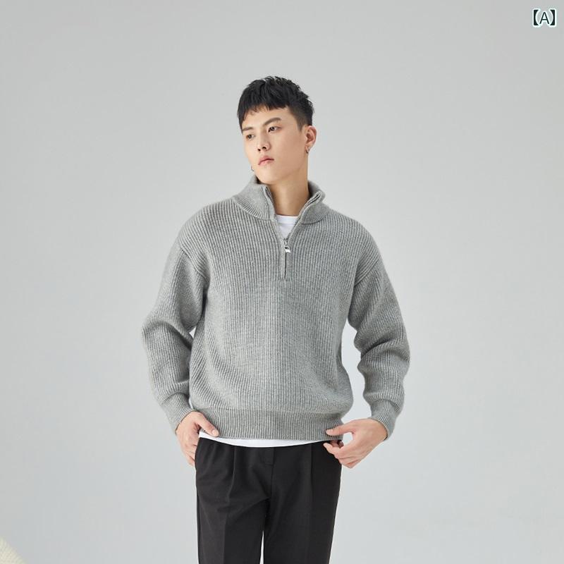 セーター メンズ ニット トップス 秋冬 ハーフジップ ファッション カジュアル スタンドカラー 厚手 グレー ブラック 5,518円