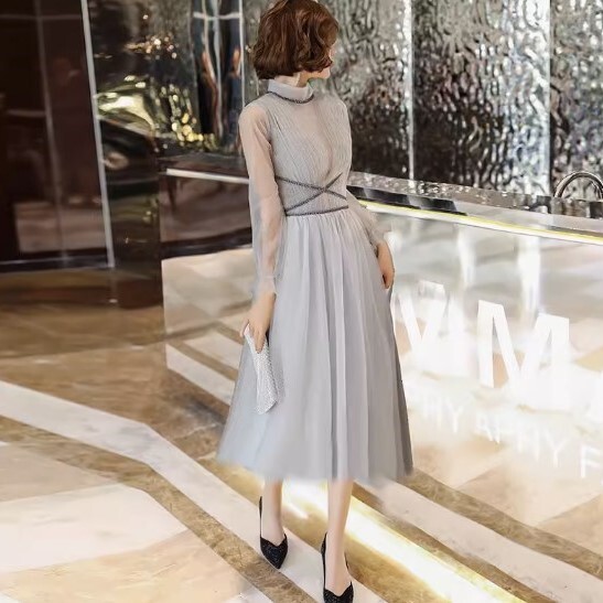ドレス パーティドレス イブニングドレス ミモレ丈 ロング丈 袖あり 長袖 ハイネック Aライン チュール シフォン ウエストマーク ファスナー 大人可愛い きれいめ 大人 上品 お洒落 大人女子