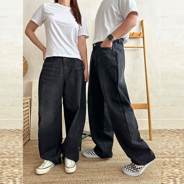 男女兼用 薄手 ブラック カーブド デニム パンツ UJ-JEA-1005