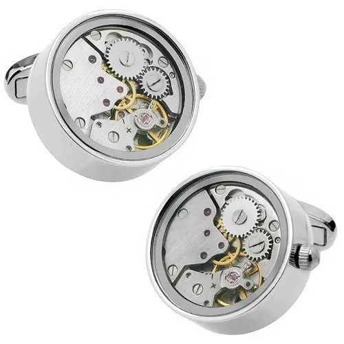 カフスボタン カフス スチームパンク シルバー 時計ムーブメント グラスカバー付 カフリンクス メンズアクセサリー