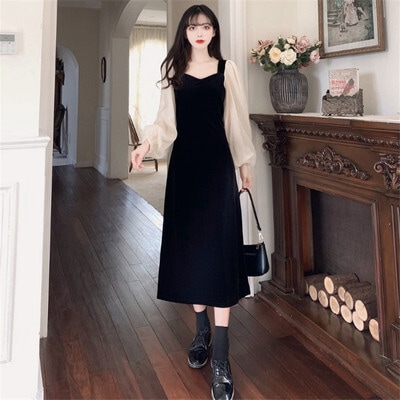 ワンピース フレアワンピース ミモレ ミモレ丈 ロング ロング丈 袖あり 長袖 スクエアネック フレア 切り替えデザイン ドッキング 透け感 シースルー かわいい 大人可愛い おしゃれ お洒落 レトロ